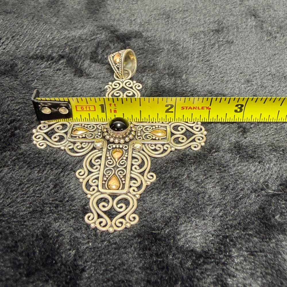 Signed BA Sterling‎ Silver 18k Gold Black Onyx Filigree Cross Pendant Wt. 22.95g - Picture 11 of 14